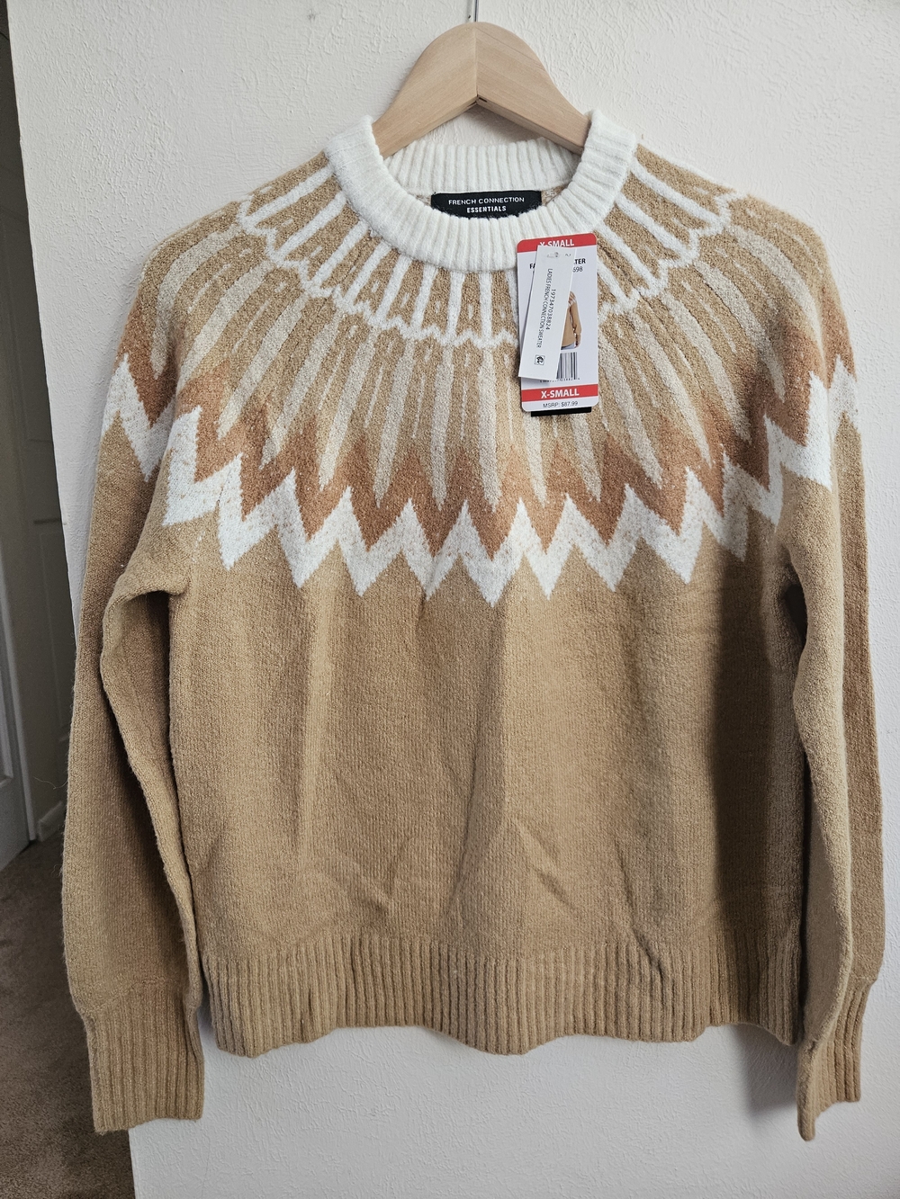 NWT French Connection Tan & White Fair Isle Crewneck Sweater